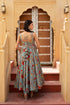 Pomcha Jaipur Grey Hand Block Cotton Anarkali With Soft Net Dupatta